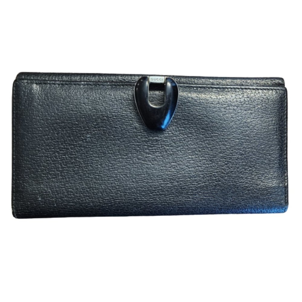 AUTHENTIC RARE VINTAGE GUCCI LONG BLACK WALLET WITH ENAMEL CLASP $895